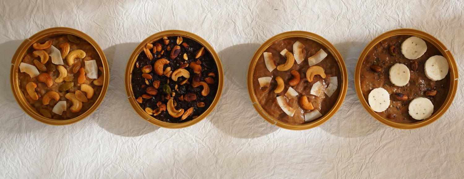 Four Yammora chilled dessert flavours in gold tubs